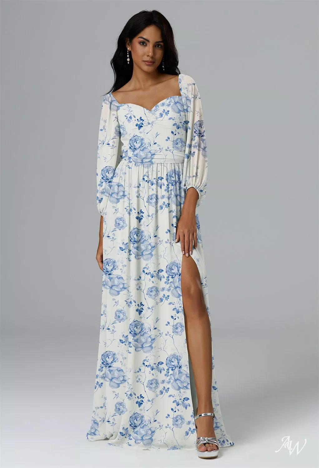 blue floral bridesmaid dresses with sleeves AW.Bridal A-line Sweetheart Neckline Floor Length Puff Sleeves Chiffon Pleat Split Floral Bridesmaid Dresses Blue Botanical Floral Size 4
