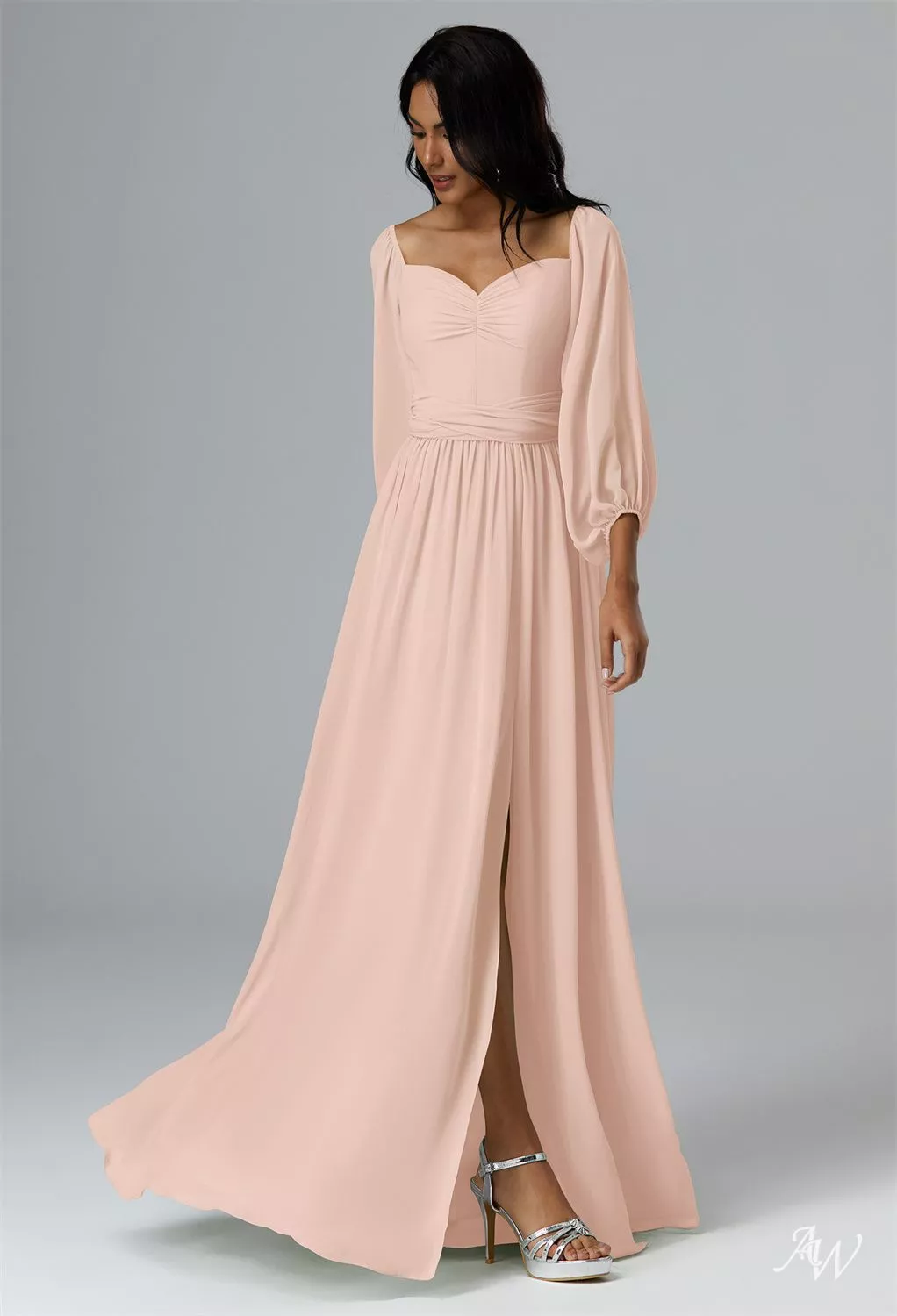 pearl pink chiffon dress AW.Bridal A-line Sweetheart Neckline Floor Length Puff Sleeves Chiffon Pleat Split Long Bridesmaid Dresses Pearl Pink Size 6