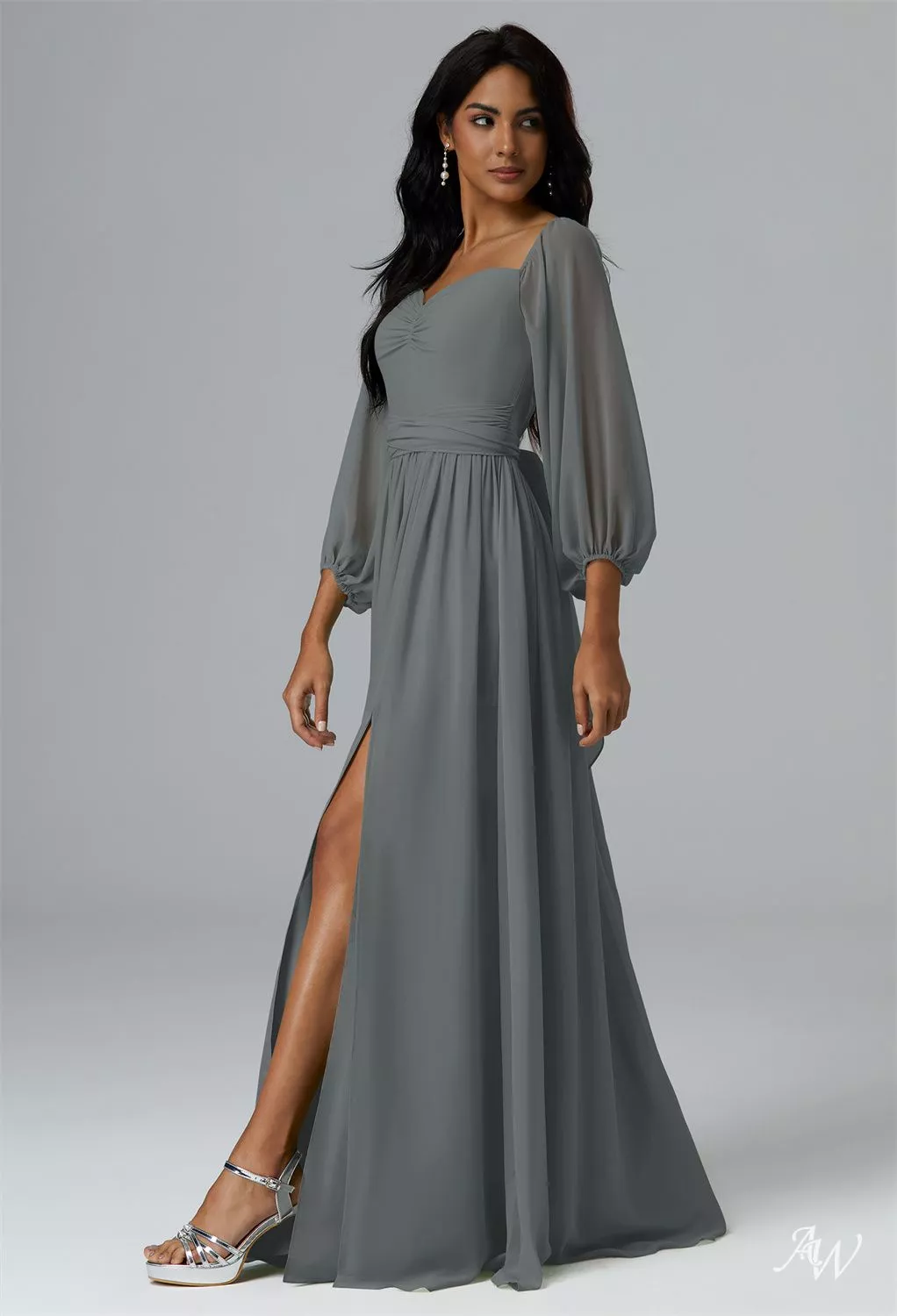 steel gray bridesmaid dresses AW.Bridal A-line Sweetheart Neckline Floor Length Puff Sleeves Pleat Split Long Dress Size 4 Color:Buff grazing hem skirt shape:Asymmetric Navy Coast Plus Size