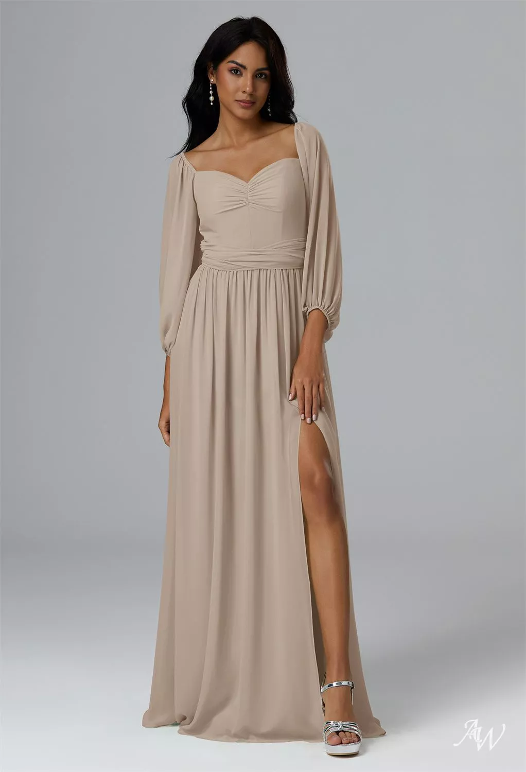 AW.Bridal A-line Sweetheart Neckline Floor Length Puff Sleeves Chiffon Pleat Split Long Bridesmaid Dresses Taupe Size 4