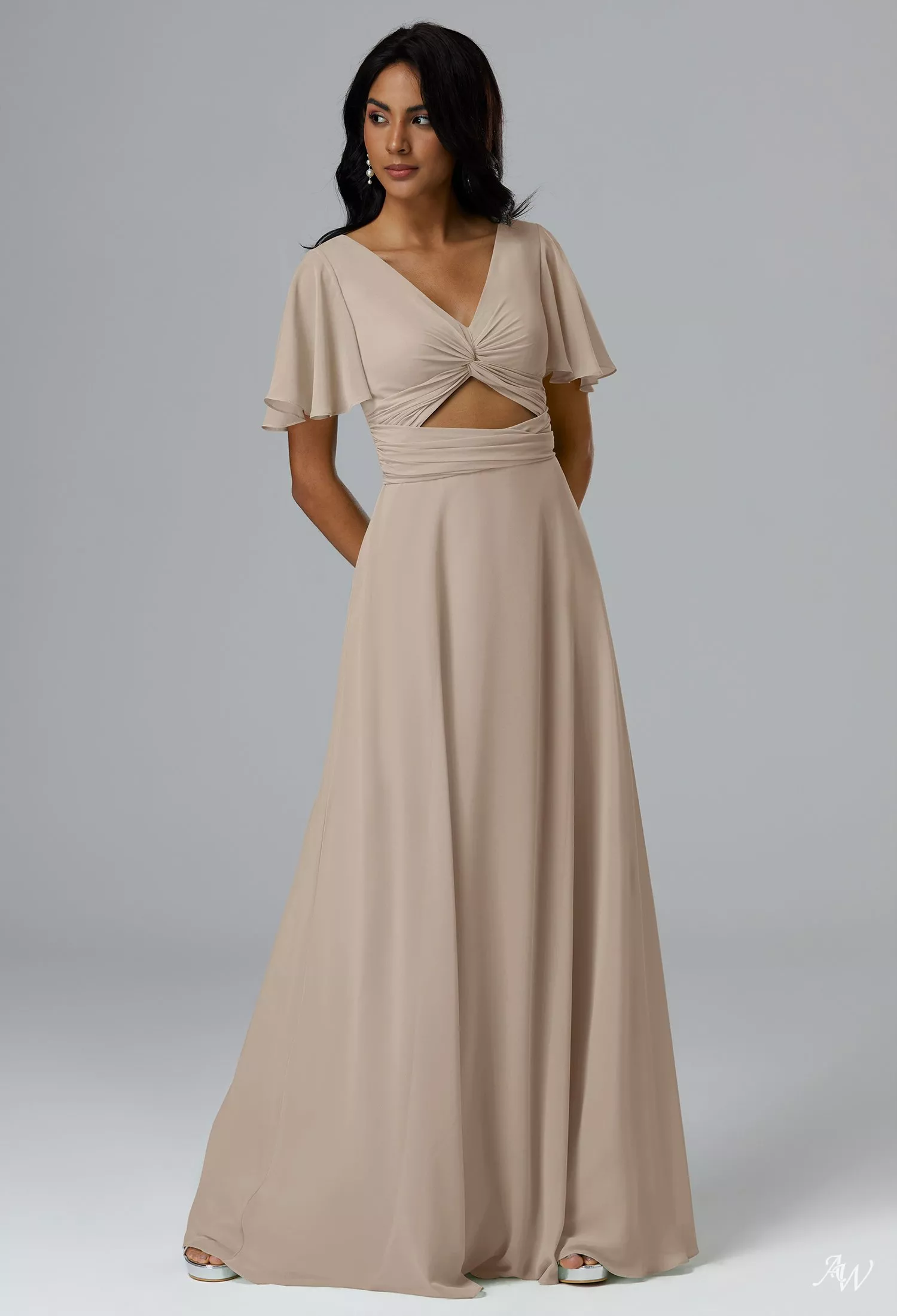 AW.Bridal A-line V-Neck Floor Length Short Sleeves Long Bridesmaid Dresses Dress Taupe Size 18