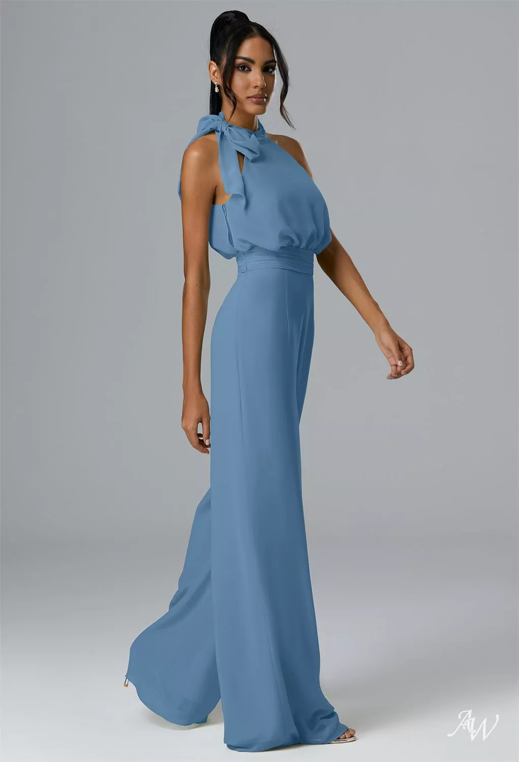 AW.Bridal Jumpsuit Halter Neckline Floor Length Sleeveless Bows Wedding Guest Dresses Dress Dusty Blue Size 6
