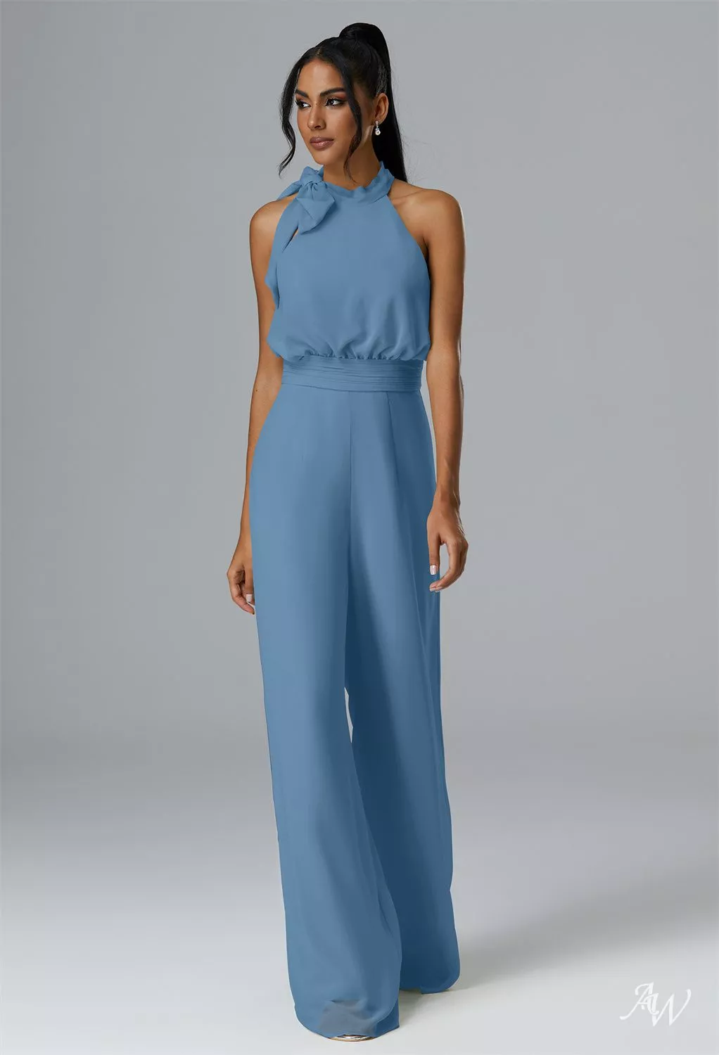AW.Bridal Jumpsuit Halter Neckline Floor Length Sleeveless Bows Wedding Guest Dresses Dress Dusty Blue Size 6