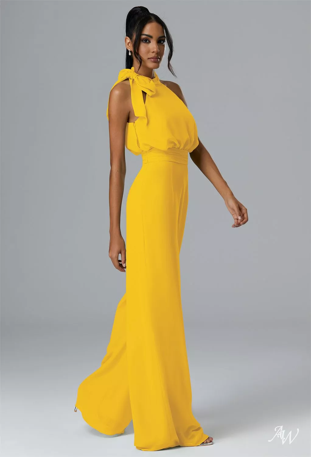 AW.Bridal Jumpsuit Halter Neckline Floor Length Sleeveless Bows Wedding Guest Dresses Dress Mustard Yellow Size 16