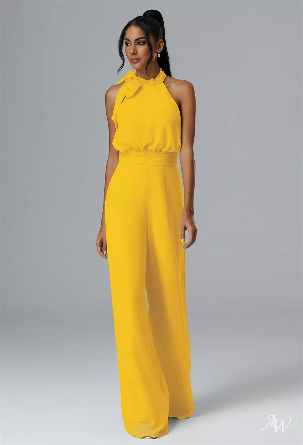 AW.Bridal Jumpsuit Halter Neckline Floor Length Sleeveless Bows Wedding Guest Dresses Dress Mustard Yellow Size 16