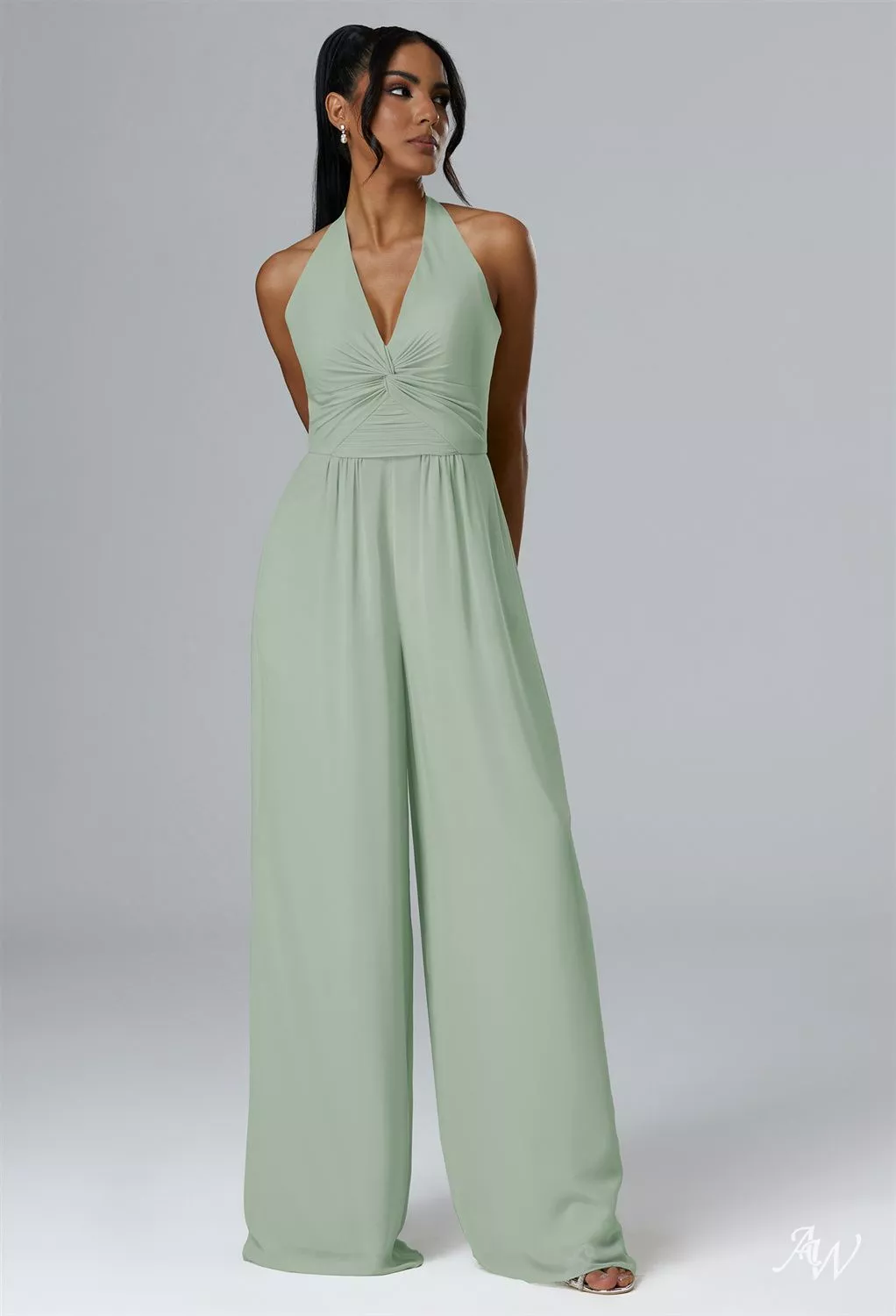 AW.Bridal Jumpsuit Halter Neckline Floor Length Sleeveless Chiffon Long Bridesmaid Dresses Dress Sage Green Size 18
