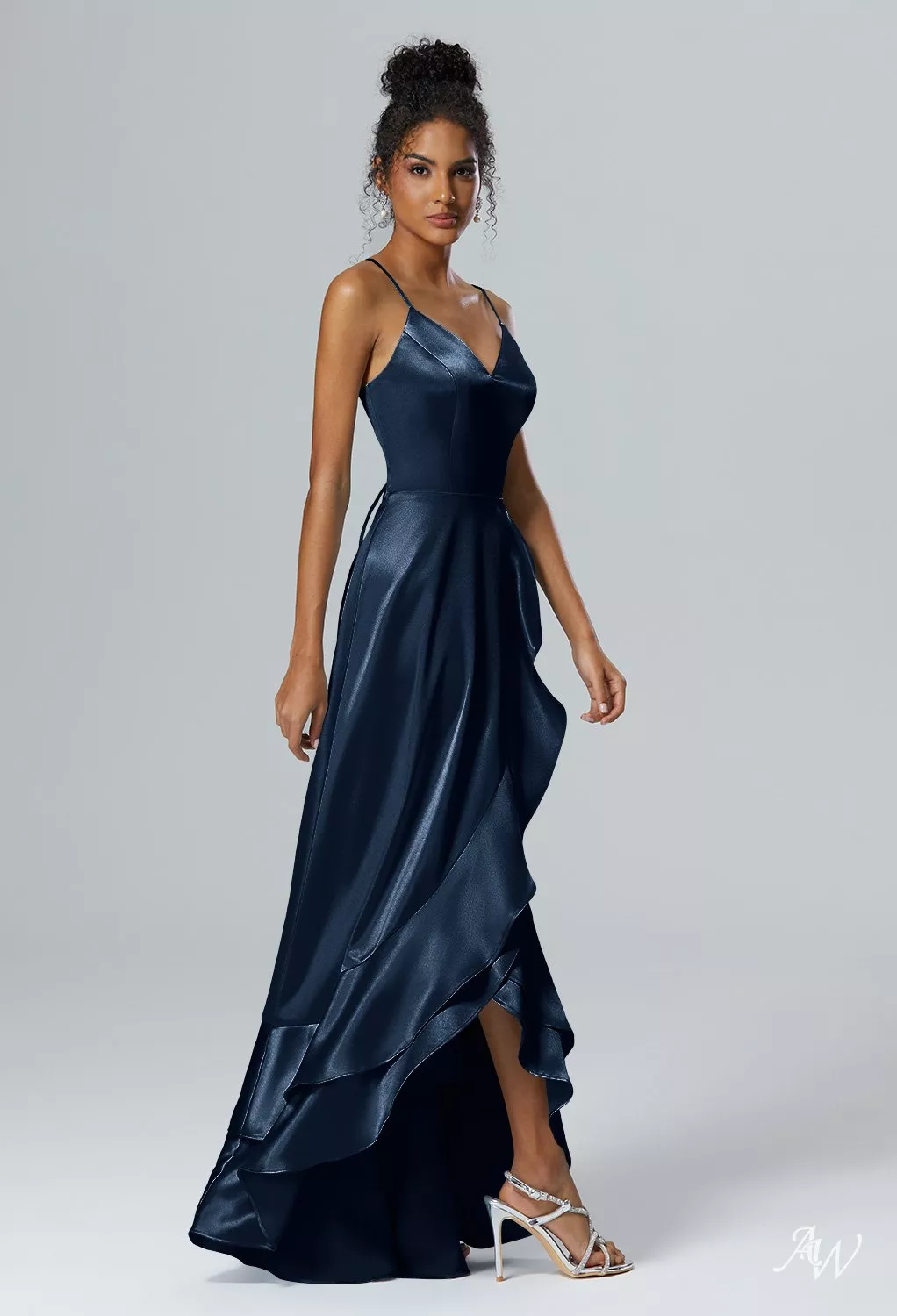 navy satin bridesmaid dress AW.Bridal A-line V-Neck Hi Lo Sleeveless Spaghetti Straps Crystal Wedding Guest Dresses Dark Size 16 Character_Daisy Duck Black Mardi Gras Confetti COLOR:Blue Halter Neckline