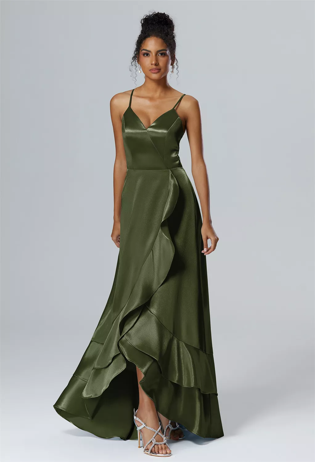 green cross dress Zapaka Women Eucalyptus Bridesmaid Dress with Ruffle Slit A-Line Corset Tiered Long Wedding Party Dress, chiffon color / US26W
