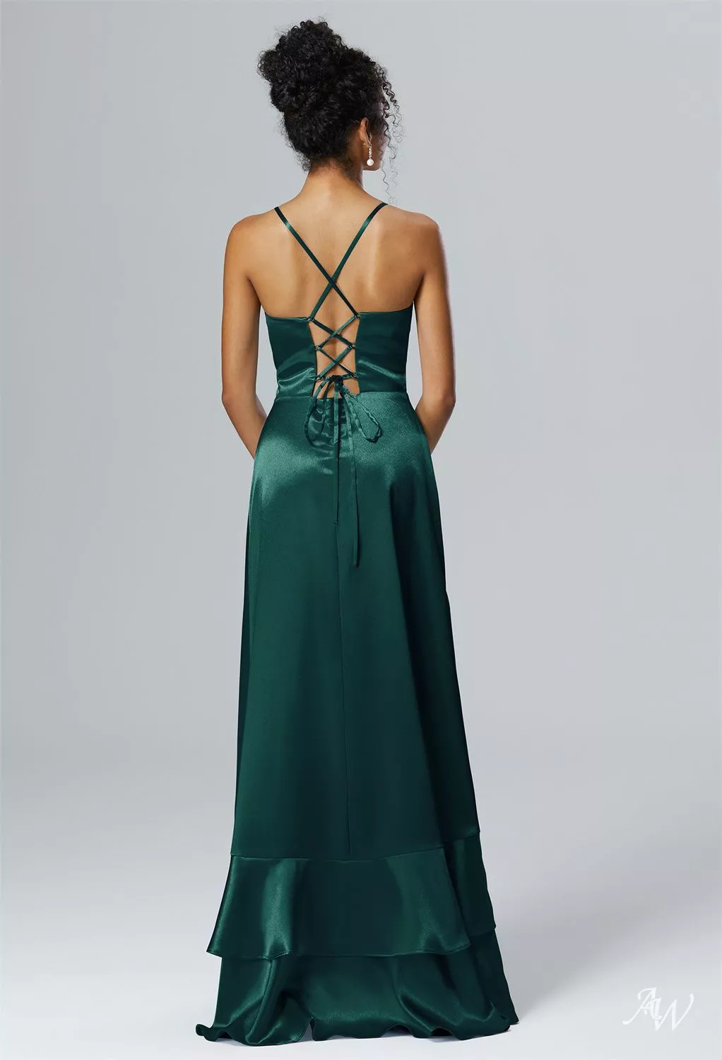 AW Marguerite Dress, Champagne Crystal Satin Satin Charmeuse Hi Lo V-Neck  Bridesmaid Dresses | AW.Bridal