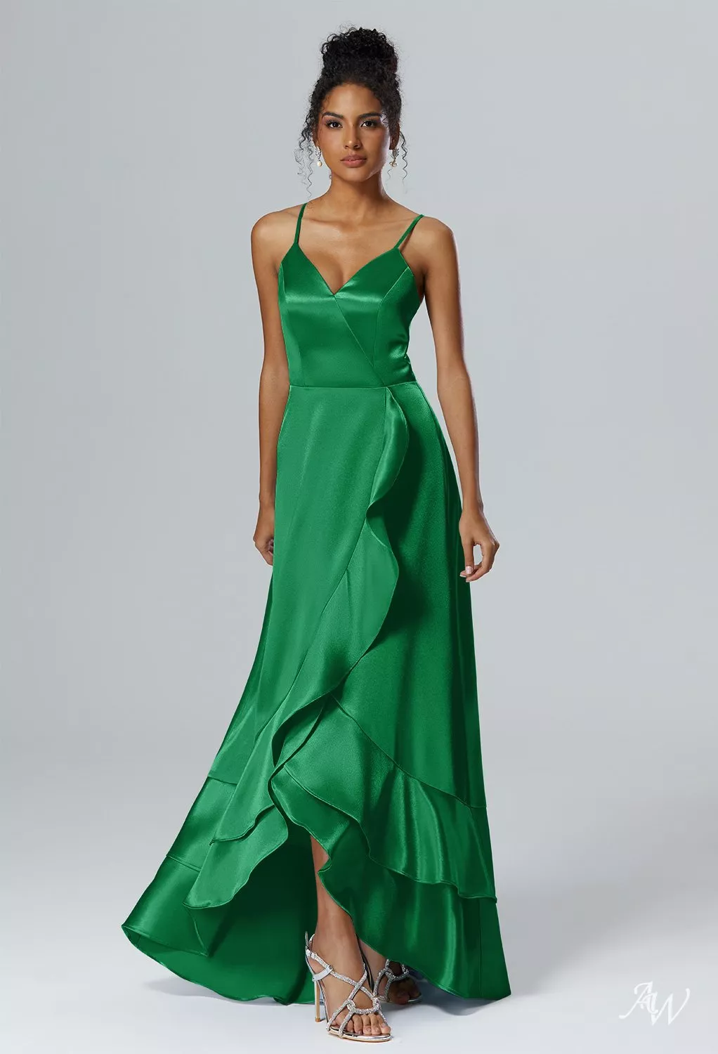 marguerite silk dress AW.Bridal A-line V-Neck Hi Lo Sleeveless Spaghetti Straps Crystal Satin Long Bridesmaid Dresses Dress Jolly Green Size 16