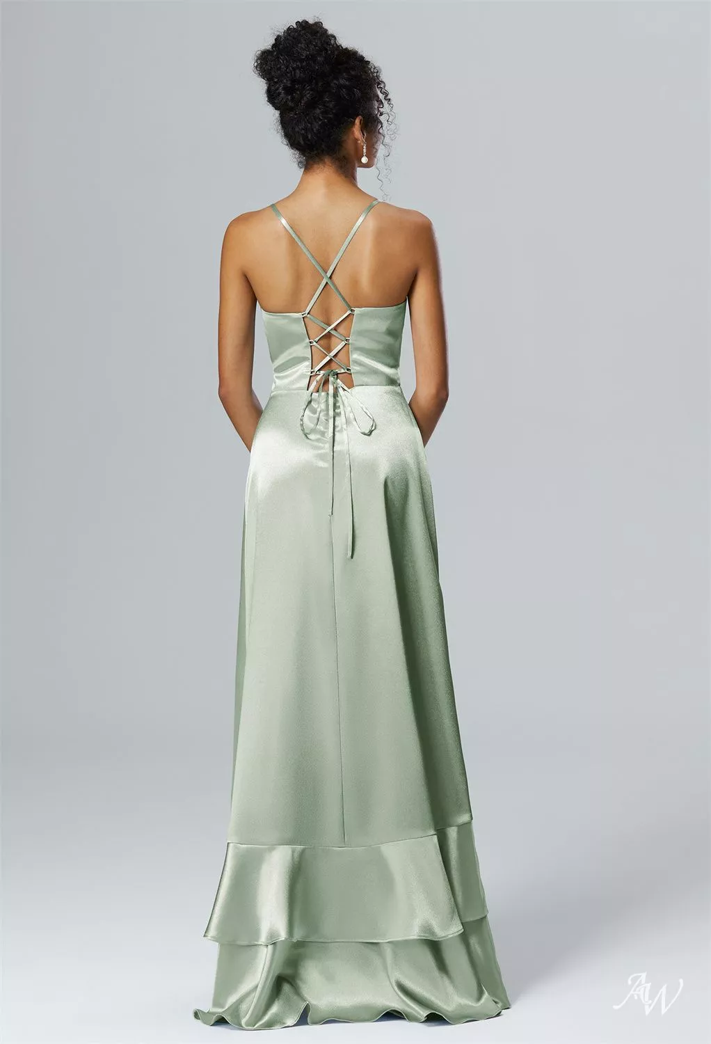 AW.Bridal A-line V-Neck Hi Lo Sleeveless Spaghetti Straps Crystal Satin Long Bridesmaid Dresses Dress Sage Green Size 18