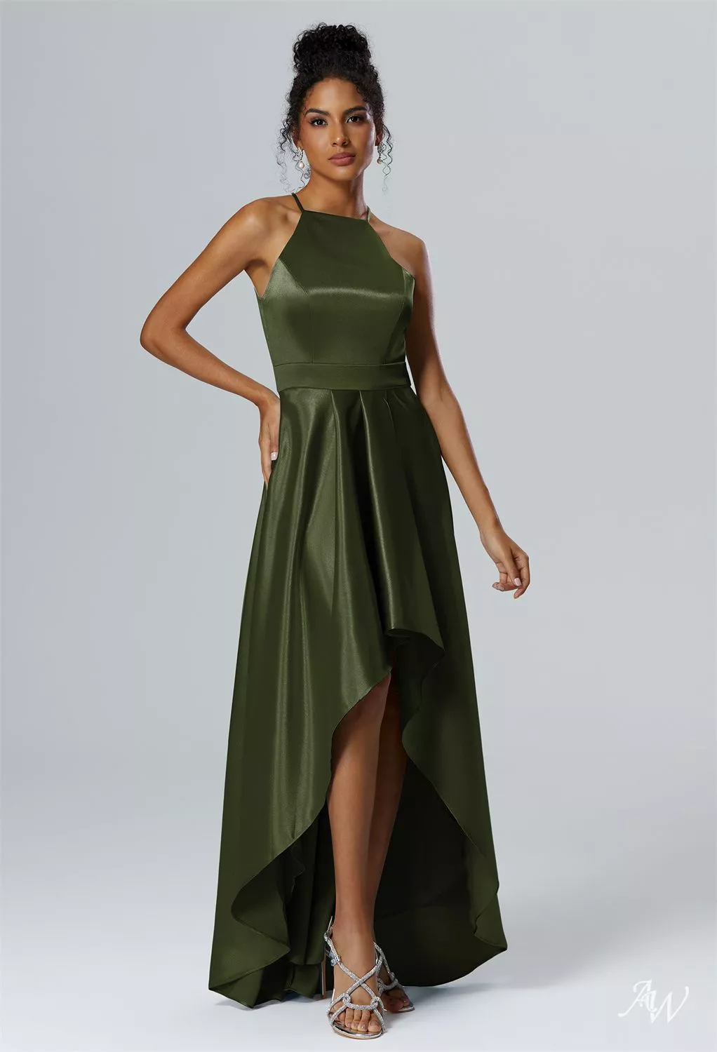 AW.Bridal A-Line Halter Neckline Hi Lo Sleeveless Crystal Satin Wedding Guest Dresses Dress Green Olive Size 18