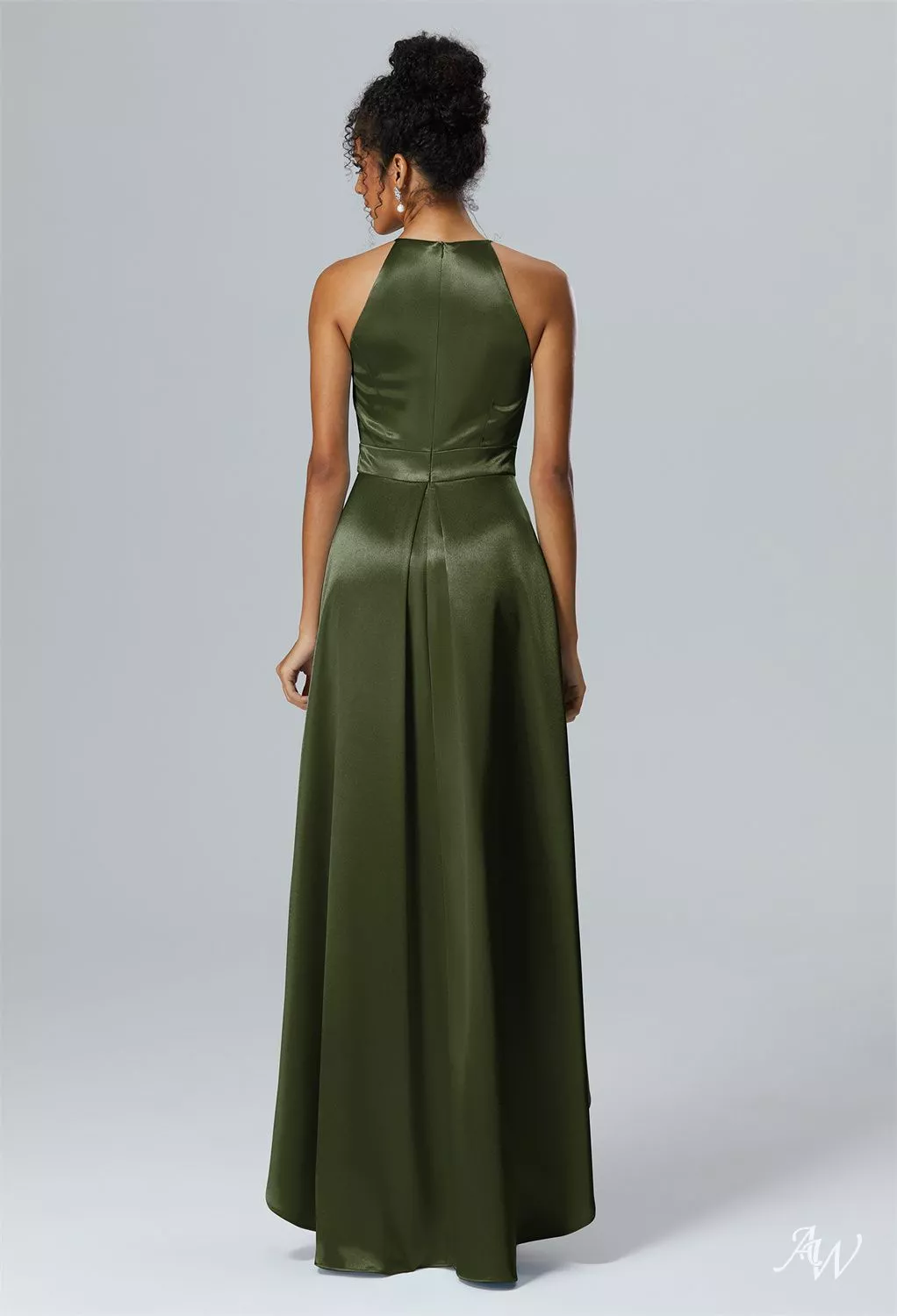 AW Marlene Dress, Fennel Seed Crystal Satin Satin Charmeuse Hi Lo Halter  Neckline Bridesmaid Dresses | AW.Bridal