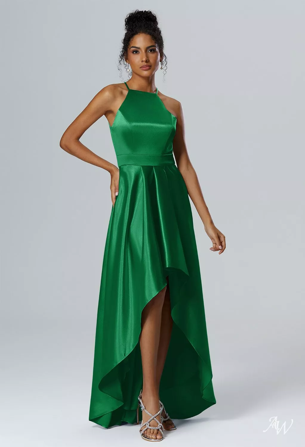 AW.Bridal A-line Halter Neckline Hi Lo Sleeveless Crystal Satin Wedding Guest Dresses Dress Jolly Green Size 8