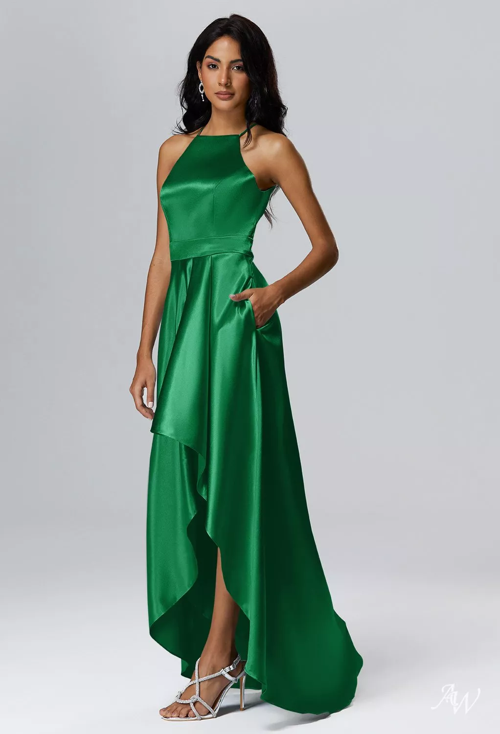 AW.Bridal A-line Halter Neckline Hi Lo Sleeveless Crystal Satin Wedding Guest Dresses Dress Jolly Green Size 8