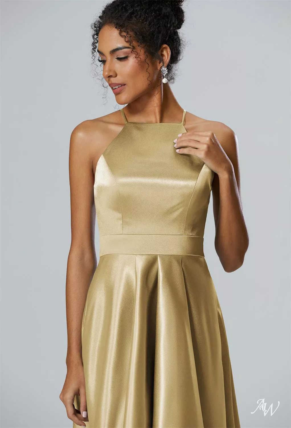 AW.Bridal A-line Halter Neckline Hi Lo Sleeveless Crystal Satin Wedding Guest Dresses Dress Light Gold Size 8