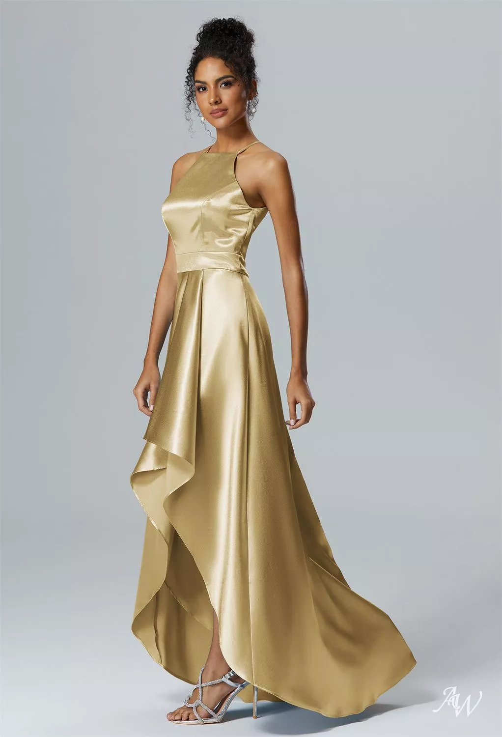 AW.Bridal A-line Halter Neckline Hi Lo Sleeveless Crystal Satin Long Bridesmaid Dresses Dress Light Gold Size 16