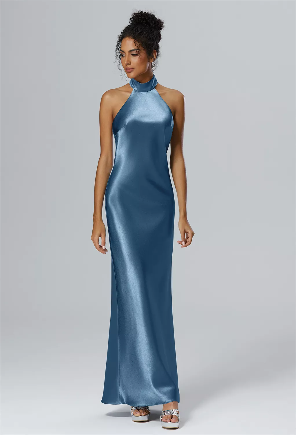 blue dress for baby girl Zapaka Women Ink Blue Bridesmaid Dress A Line Keyhole V-Neck Satin Long Wedding Party Dress, Ink Blue / US18W main image 0
