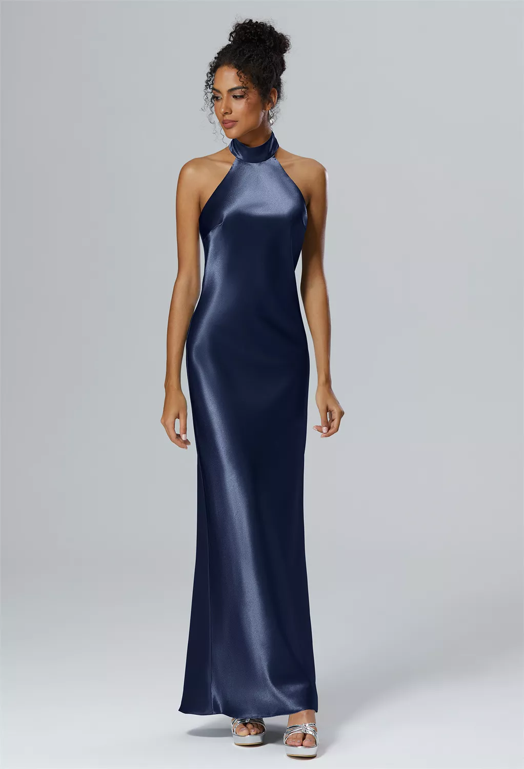 green emerald velvet dress Navy Illusion Neck Long Satin Bridesmaid Dresses with Sheer Champagne Lace  Top main image 1