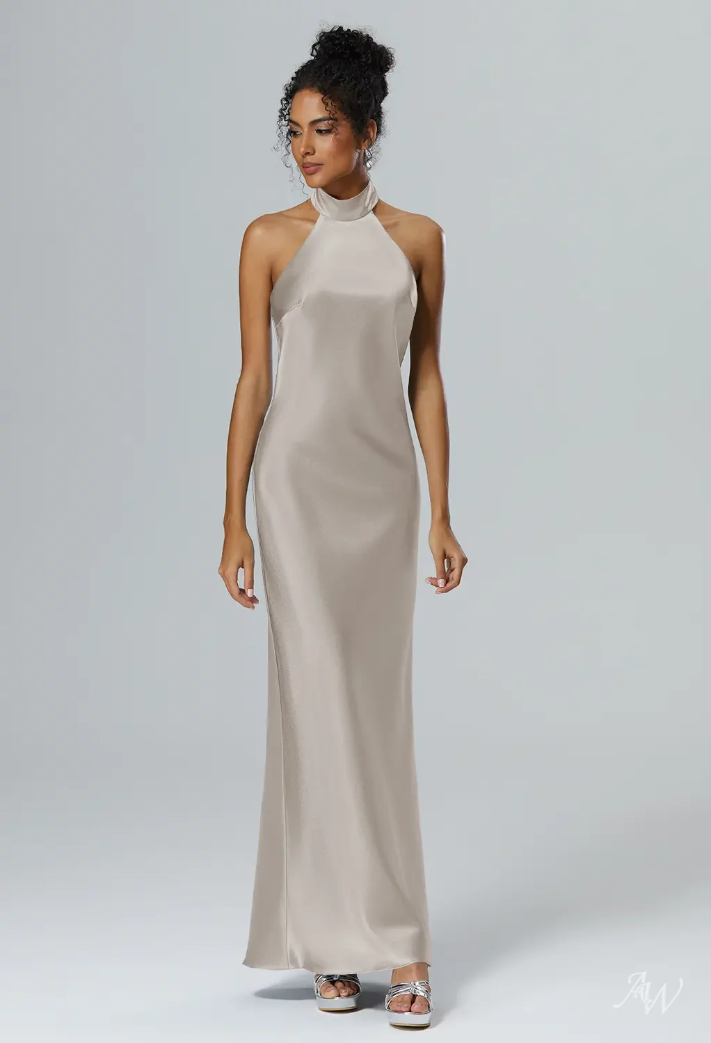 mushroom bridesmaid dresses AW.Bridal Bridesmaid Dresses Satin Charmeuse Mermaid Halter Neckline Ankle Length Sleeveless Backless Dress Mushroom Taupe Size 8