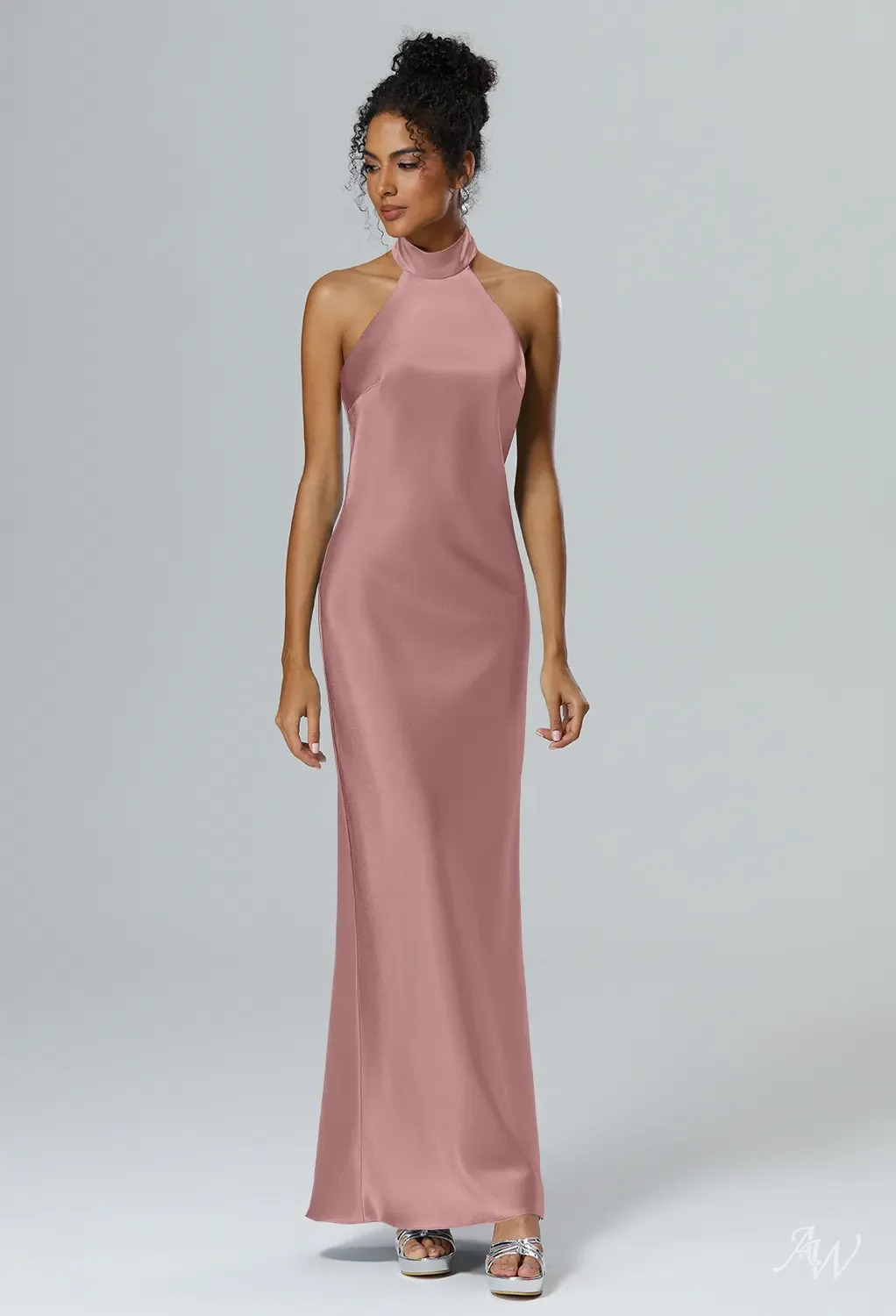 AW.Bridal Bridesmaid Dresses Satin Charmeuse Mermaid Halter Neckline Ankle Length Sleeveless Backless Dress Muted Terracotta Size 18