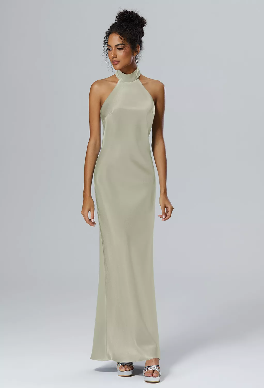 blue dress for baby girl Zapaka Women Sage Green Bridesmaid Dress with Slit Halter Satin Sheath Ruched Long Wedding Guest Dress, Sage Green / US8 main image 0