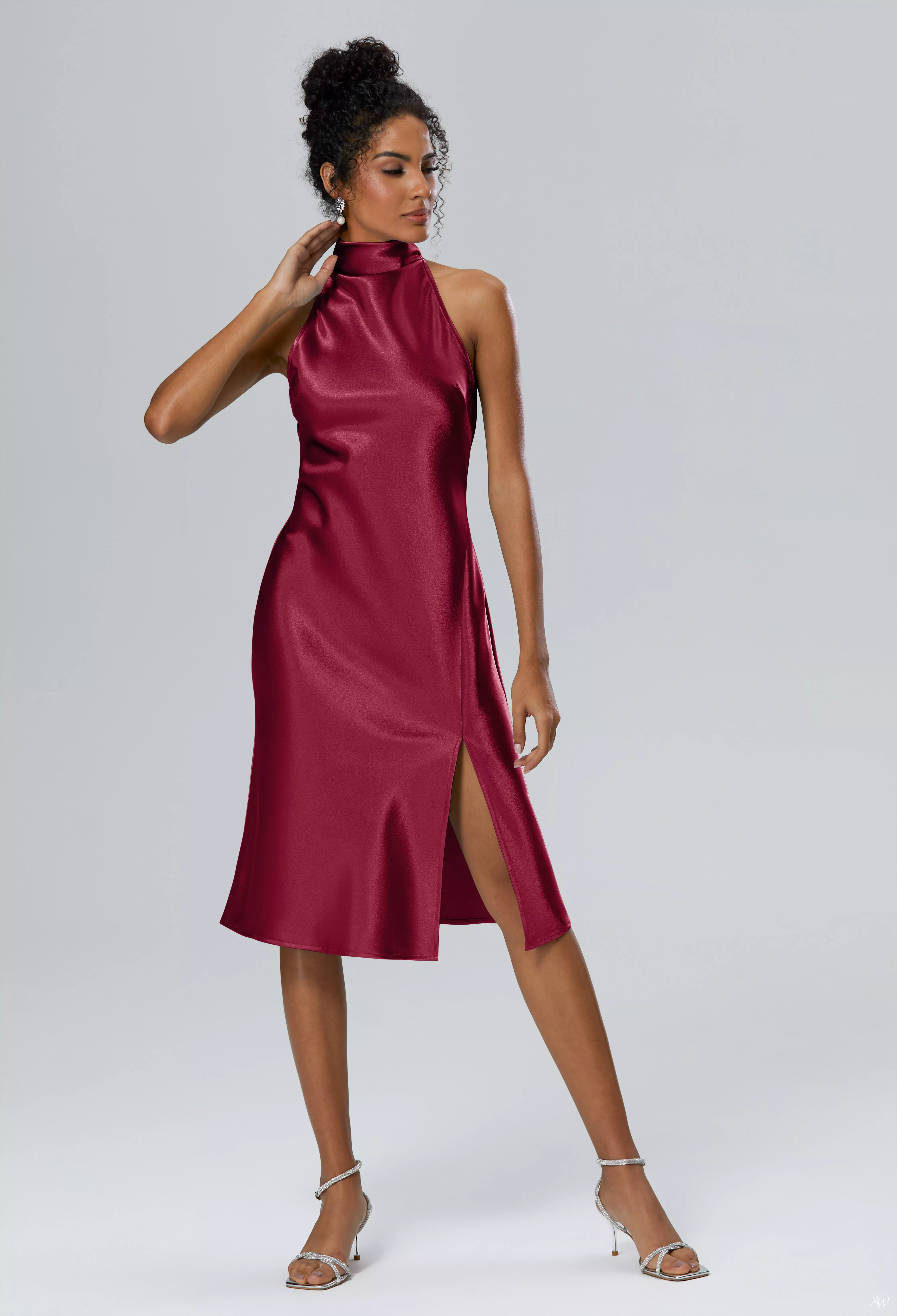 satin knee length bridesmaid dresses AW.Bridal A-line Halter Neckline Sleeveless Crystal Split Short Dress Deep Claret Size 18 AW26EARLYACCESS