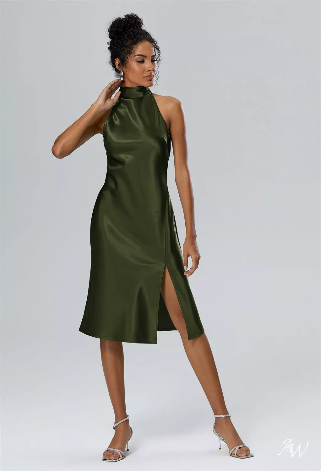 tea length halter bridesmaid dresses AW.Bridal A-line Neckline Knee Sleeveless Crystal Satin Split Short Dress Green Olive Size 8 House Of Cb Kara lol tutu set Color:Moss Green The AW Mercy Dress