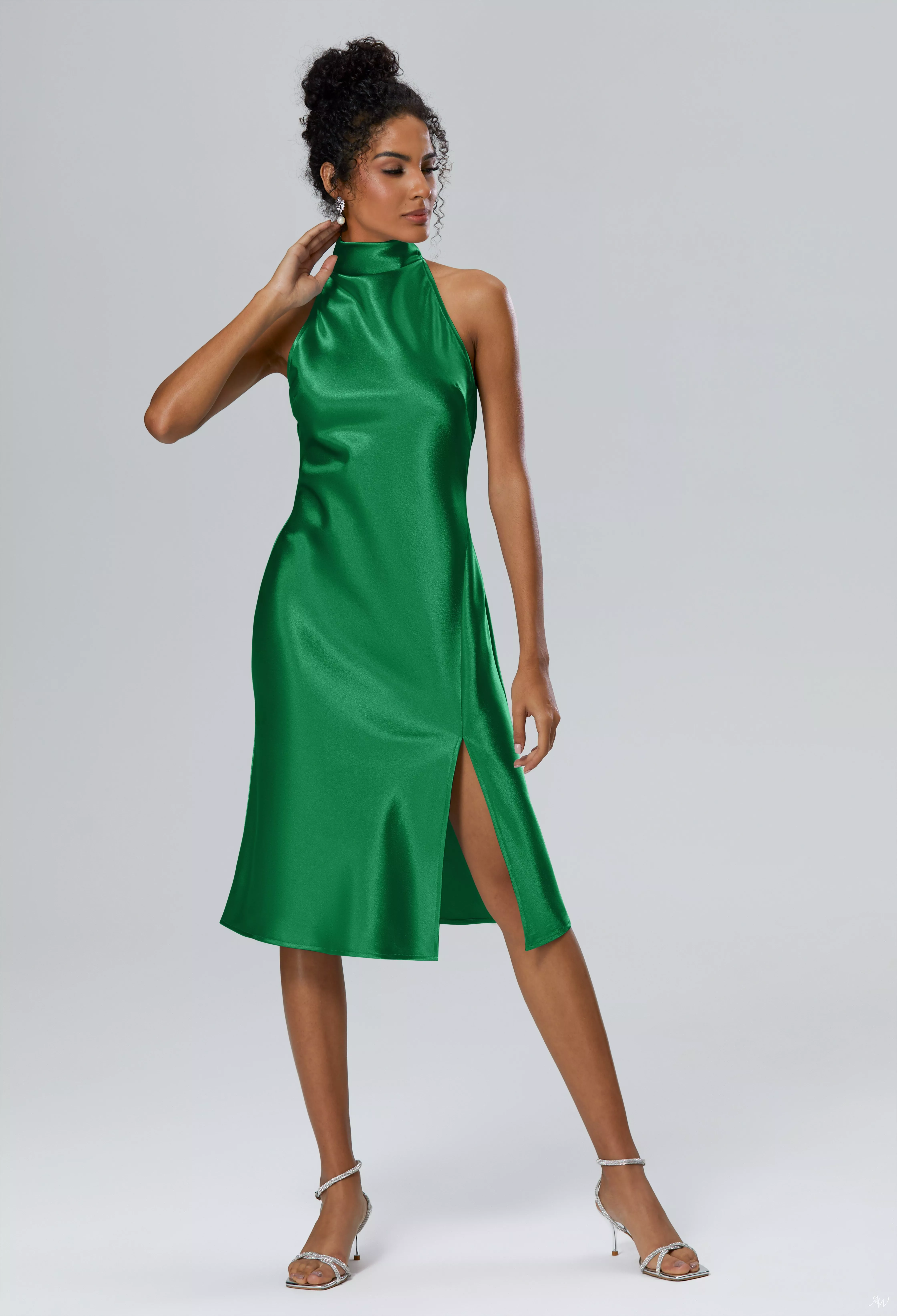 AW.Bridal A-line Halter Neckline Knee Length Sleeveless Crystal Satin Split Wedding Guest Dresses Dress Jolly Green Size 8