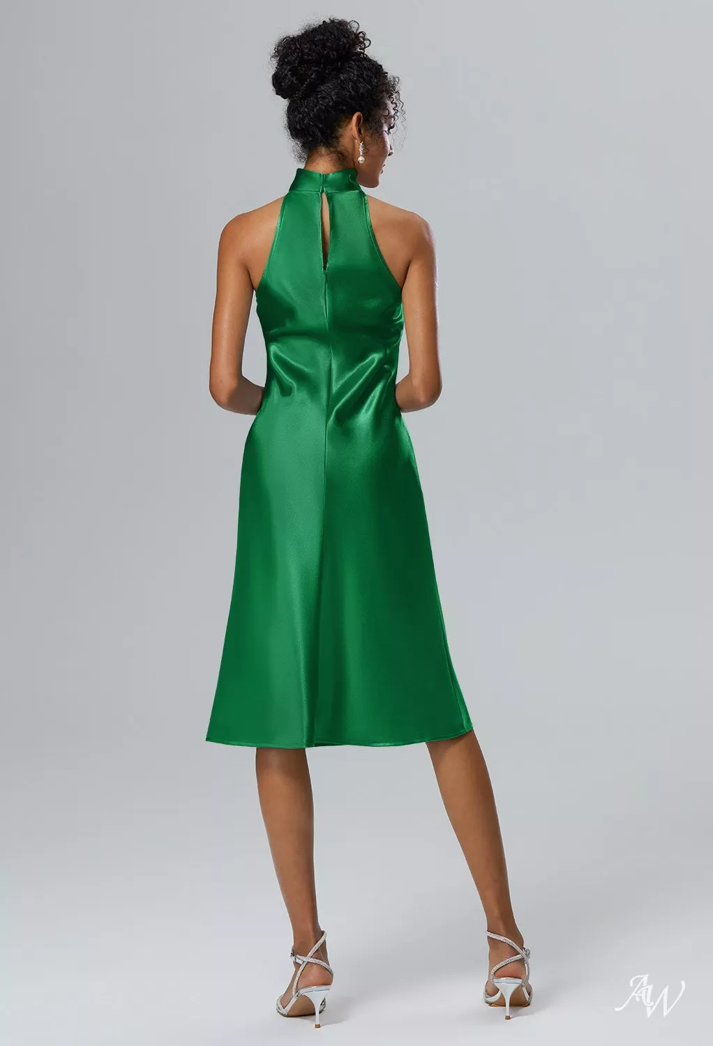 knee length halter dress AW.Bridal A-line Neckline Sleeveless Crystal Satin Split Wedding Guest Dresses Jolly Green Size 8 This dress features a sleek and sophisticated design that is both flattering and comfortable Halter Midi Dress Halter Blush