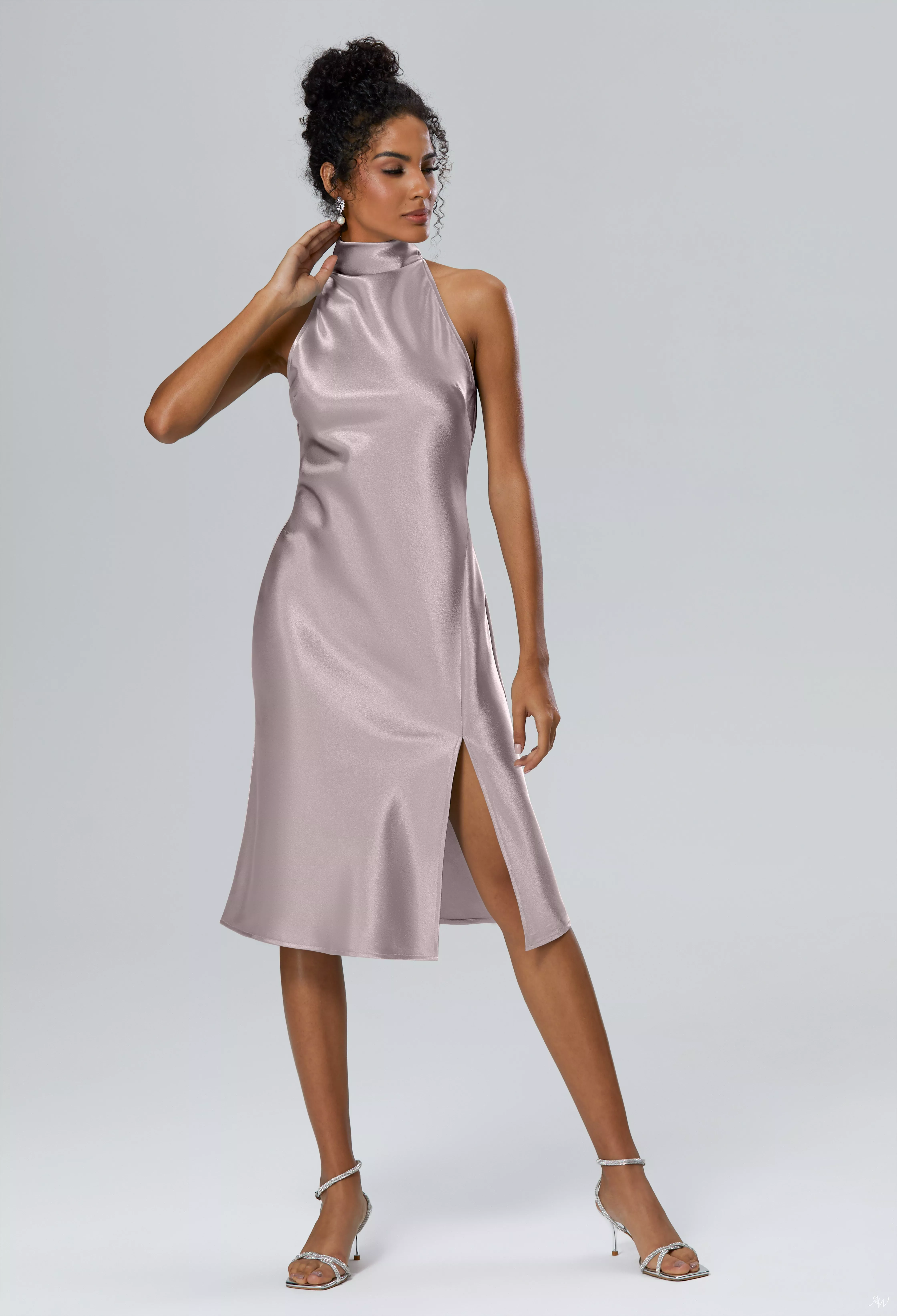 taupe cocktail dress AW Mujigea Dress, Champagne Crystal Satin Satin Charmeuse Knee Length  Halter Neckline Bridesmaid Dresses