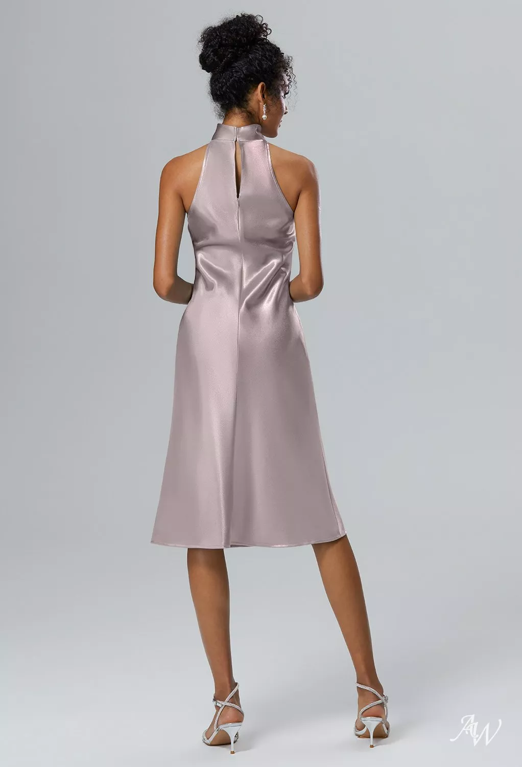 AW.Bridal A-line Halter Neckline Knee Length Sleeveless Crystal Satin Split Wedding Guest Dresses Dress Taupe Size 18