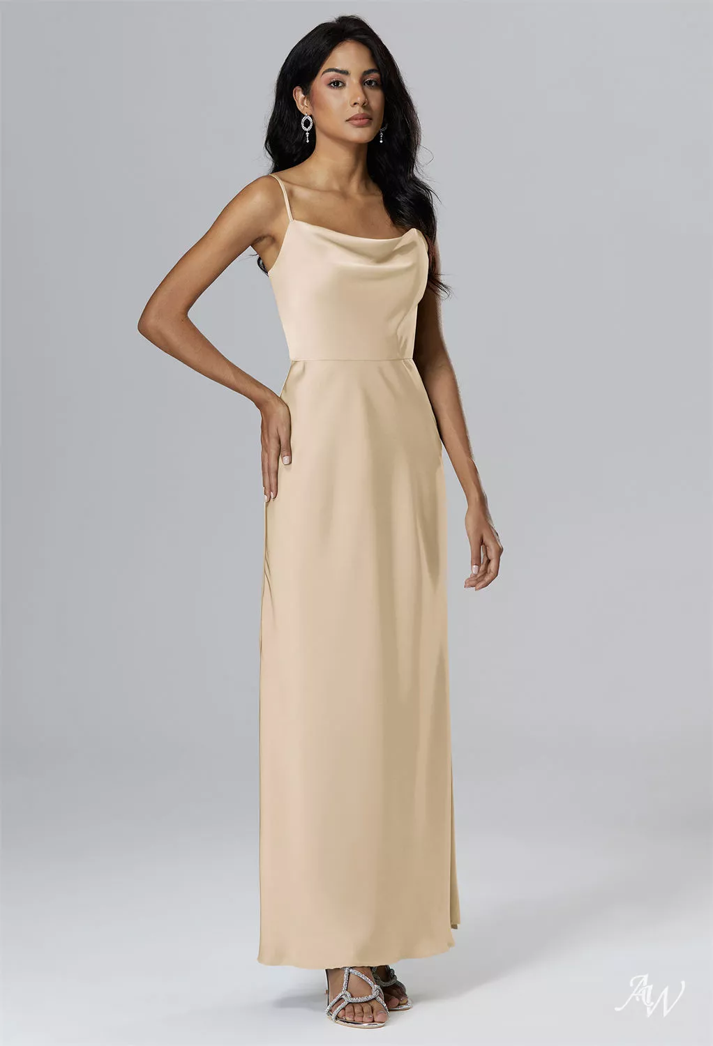 champagne cowl neck bridesmaid dress AW.Bridal A-line Neckline Floor Length Sleeveless Spaghetti Straps Satin Split Long Dresses Size 6 ideal for a church WNewFurnitureFeb25 Short Black Feathers Dress Length of train:Chapel train