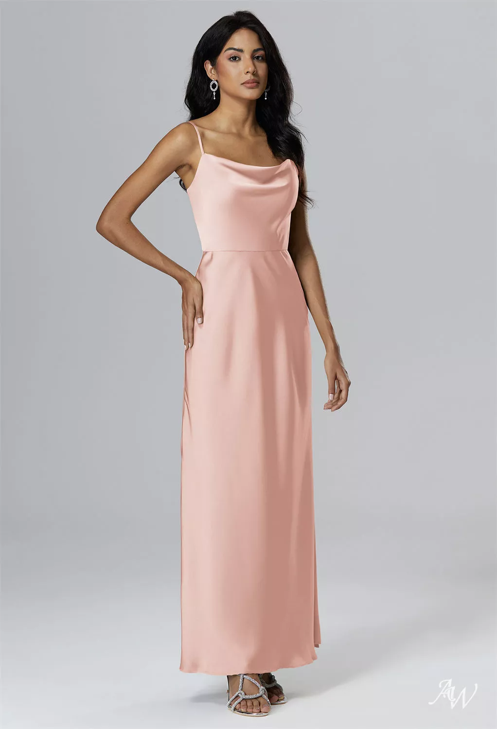 pearl pink formal dresses AW.Bridal A-line Cowl Neckline Floor Length Sleeveless Spaghetti Straps Satin Split Long Bridesmaid Dress Size 18 White Length