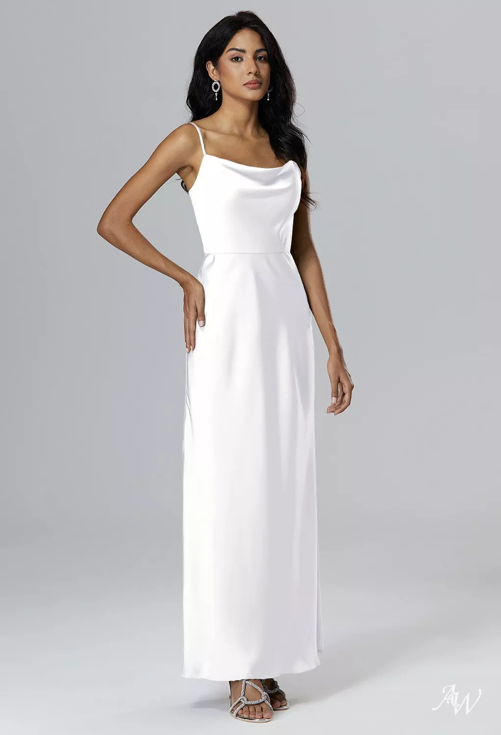 white cowl neck bridesmaid dress AW.Bridal A-line Neckline Floor Length Sleeveless Spaghetti Straps Satin Split Long Dresses Size 4 Featuring a beautifully draped