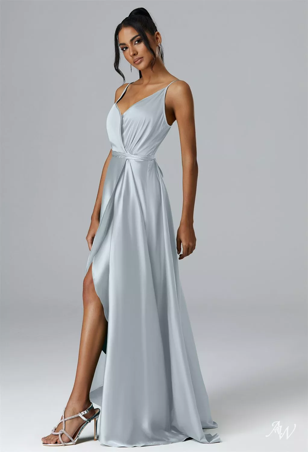 AW.Bridal A-line V-Neck Floor Length Sleeveless Spaghetti Straps Satin Ruching Split Long Bridesmaid Dresses Dress Baby Blue Size 8