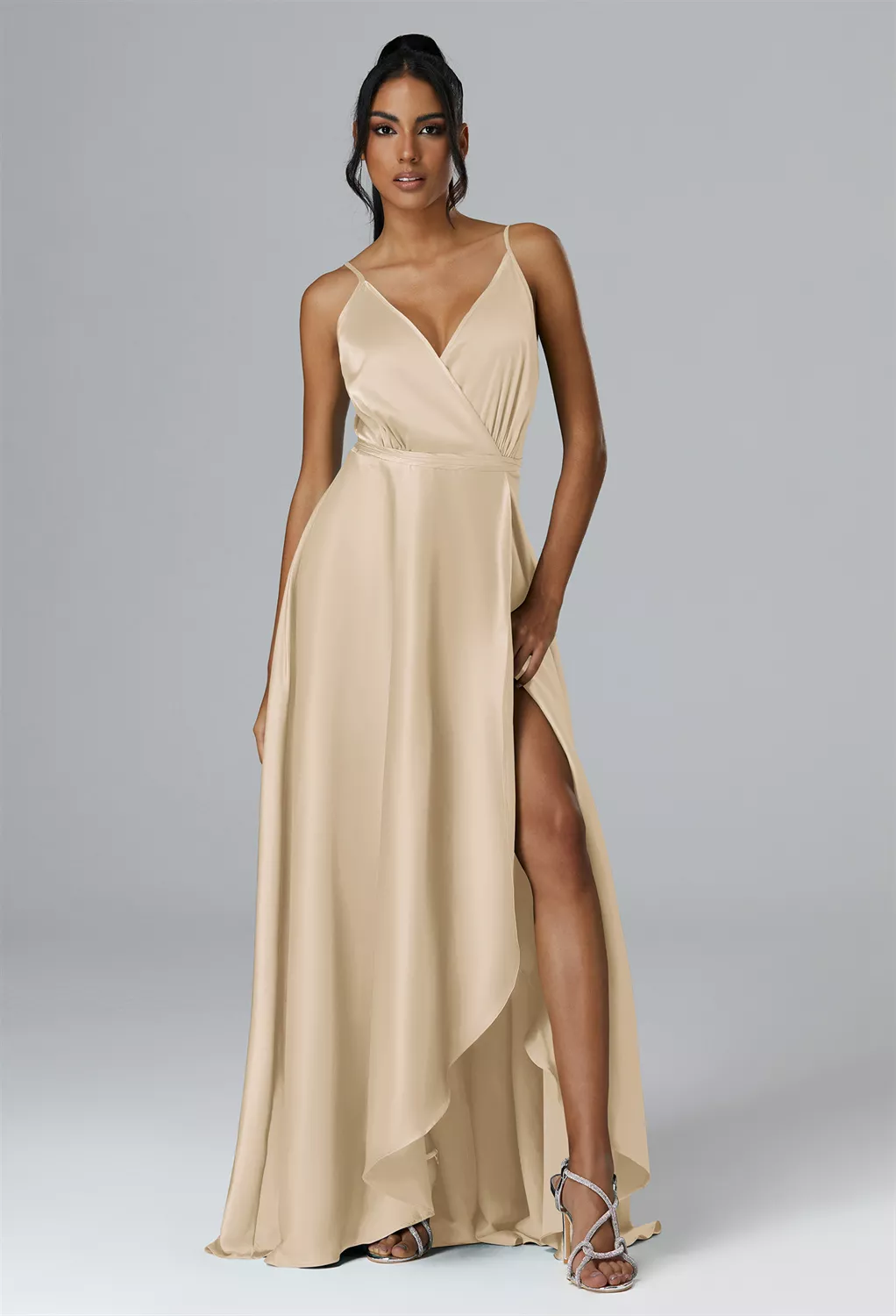 champagne wedding guest dress Zapakasa Women Light Ruched Satin Long Mermaid Cold Shoulder Formal Dress with Sash This is an exquisite dress that will make you the center of attention at your next evening soire Champagne Formal Dresses | Evening