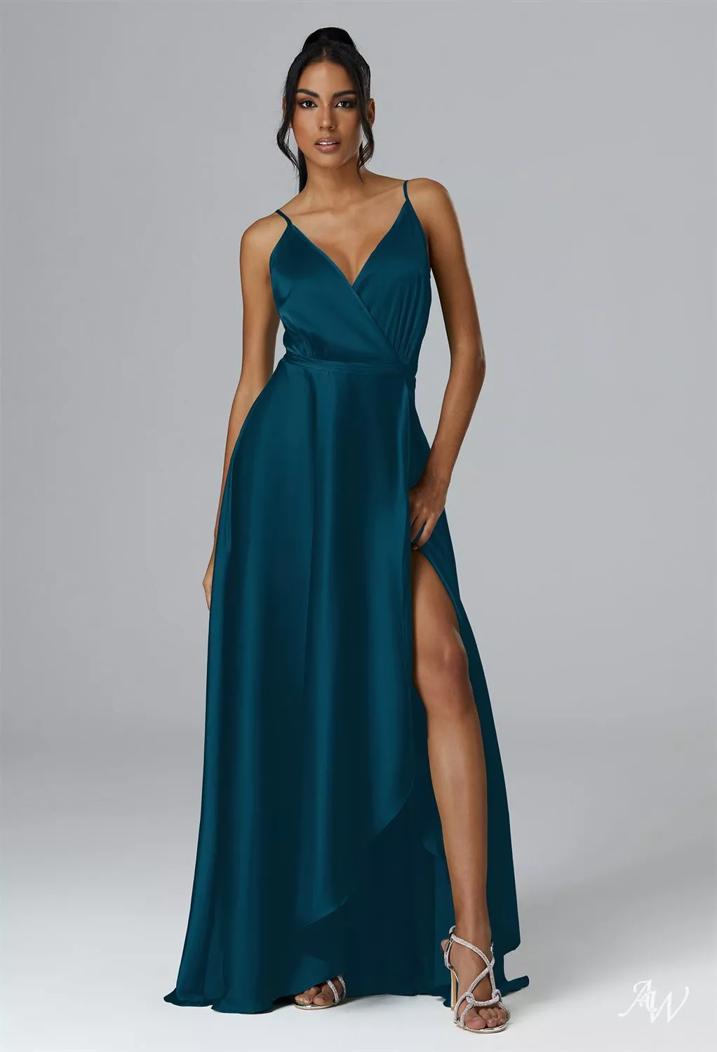 AW Sage Dress, Mottled Moss Green Satin Charmeuse Floor Length V-Neck  Bridesmaid Dresses | AW.Bridal