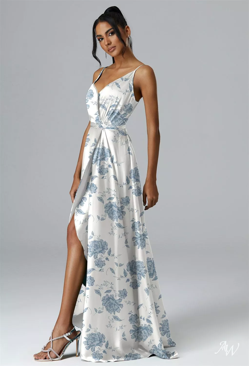 AW Sage Dress, Mottled Moss Green Satin Charmeuse Floor Length V-Neck  Bridesmaid Dresses | AW.Bridal
