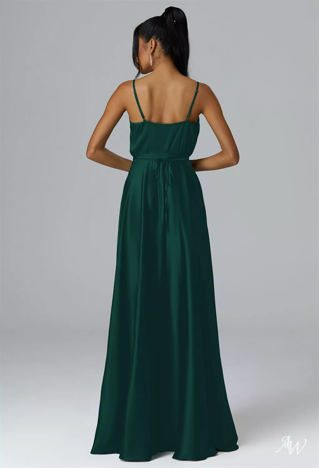 AW Sage Dress, Mottled Moss Green Satin Charmeuse Floor Length V-Neck  Bridesmaid Dresses | AW.Bridal