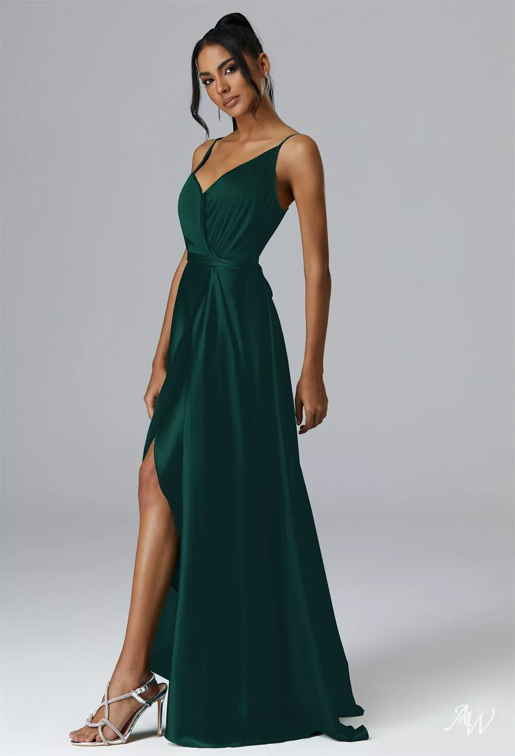 AW Sage Dress, Mottled Moss Green Satin Charmeuse Floor Length V-Neck  Bridesmaid Dresses | AW.Bridal