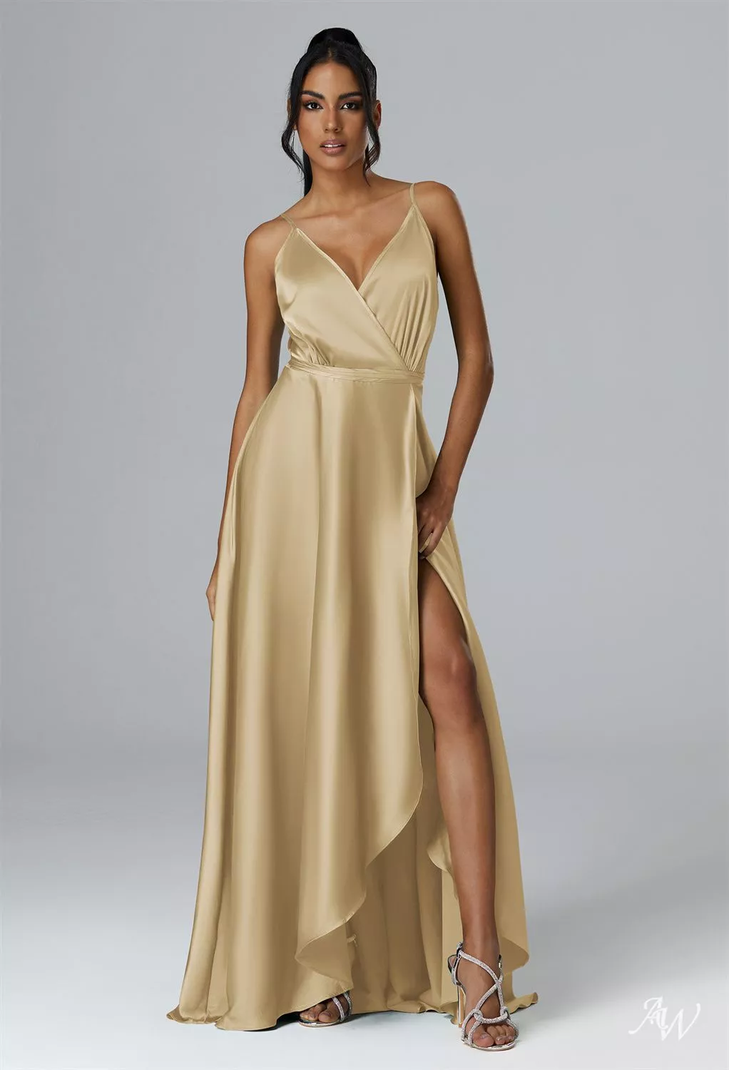 soft gold bridesmaid dresses AW.Bridal A-line V-Neck Floor Length Sleeveless Spaghetti Straps Satin Ruching Split Long Dress Light Size 6 size:10 length design collection:new-everyday-steals Vintage Y2k Strappy Dark