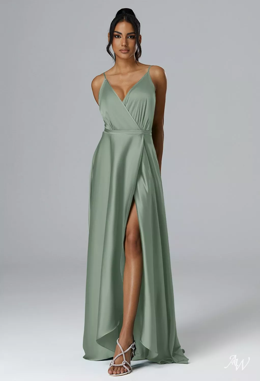 AW Sage Dress, Mottled Moss Green Satin Charmeuse Floor Length V-Neck  Bridesmaid Dresses | AW.Bridal
