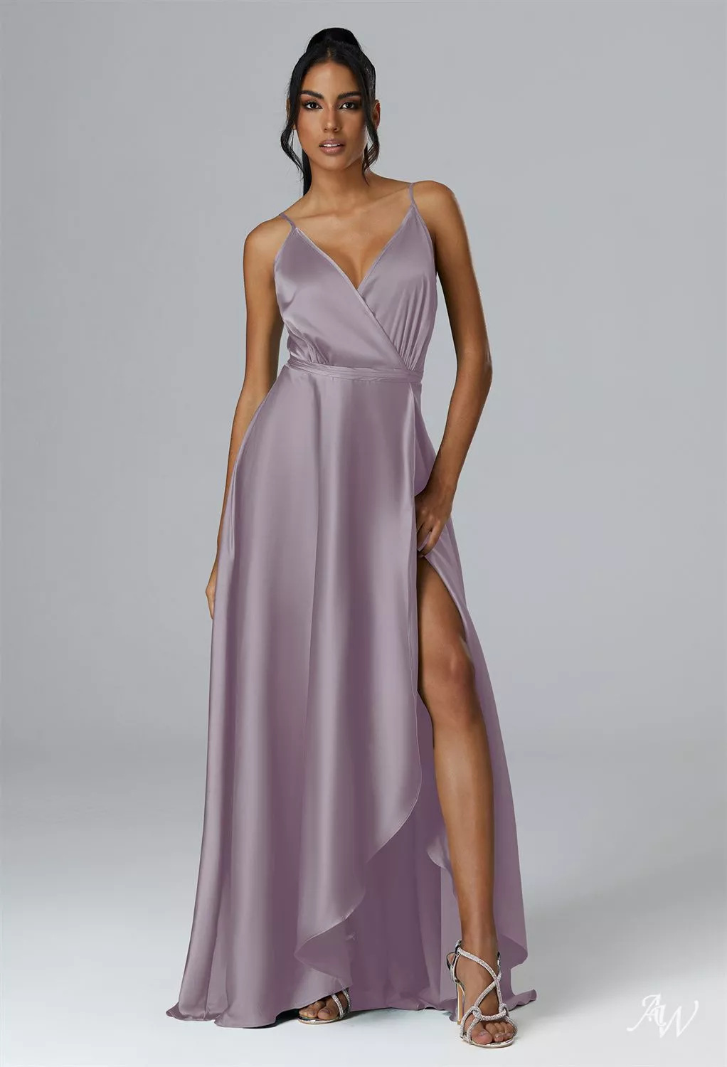 AW.Bridal A-line V-Neck Floor Length Sleeveless Spaghetti Straps Satin Ruching Split Long Bridesmaid Dresses Dress Purple Haze Size 6