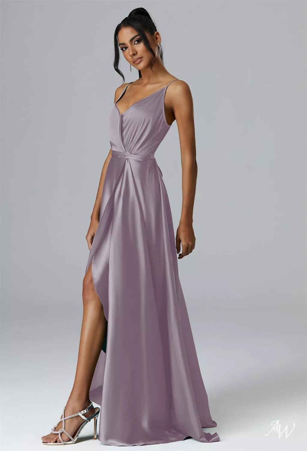 AW Sage Dress, Mottled Moss Green Satin Charmeuse Floor Length V-Neck Bridesmaid  Dresses