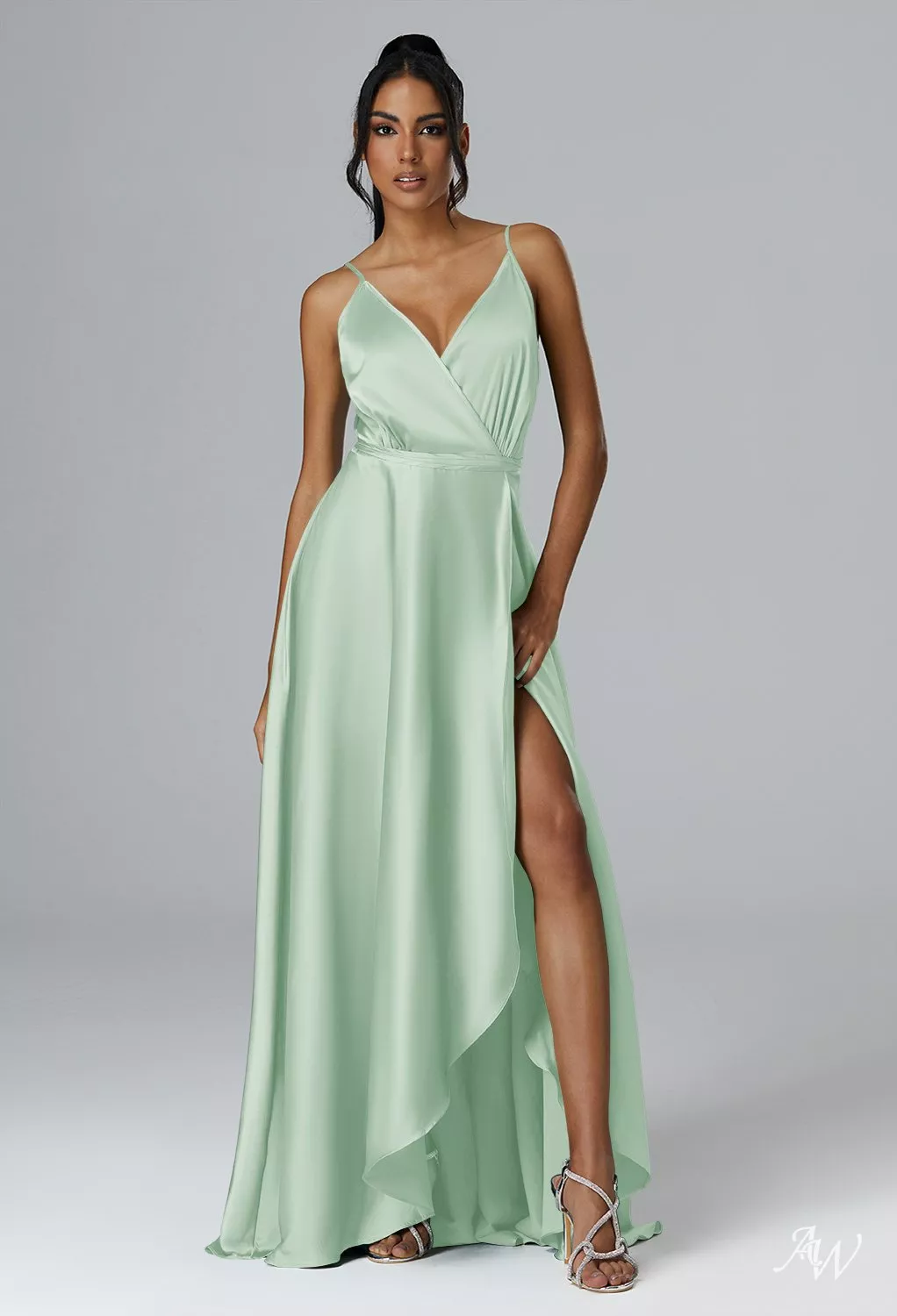 AW.Bridal A-line V-Neck Floor Length Sleeveless Spaghetti Straps Satin Ruching Split Long Bridesmaid Dresses Dress Reed Size 16