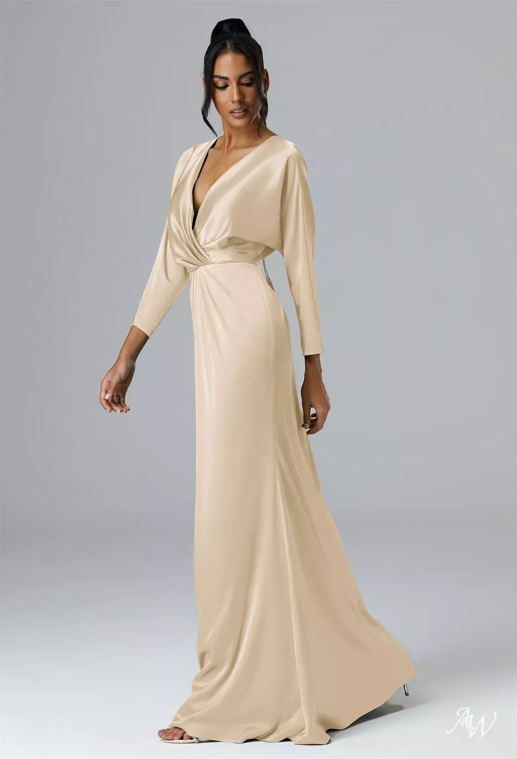 charmeuse champagne bridesmaid dresses AW.Bridal A-line V-Neck Floor Length Long Sleeves Satin Long Dress Size 4 Color:Ivory-Black Women's Floral Shirts | Color_Orchid Bride dress day wear