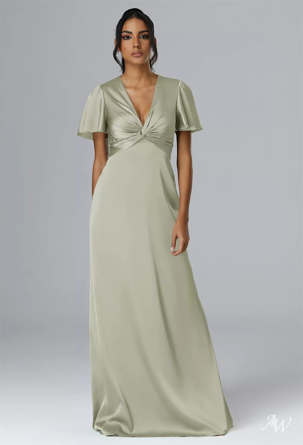 AW.Bridal A-line V-Neck Floor Length Short Sleeves Satin Ruching Long Bridesmaid Dresses Dress Sage Green Size 18