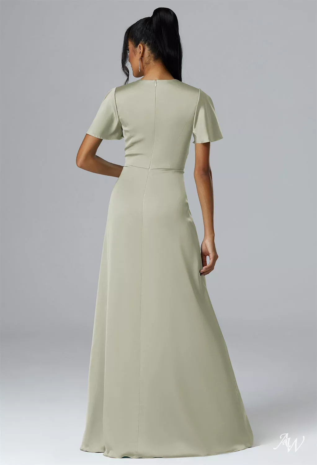 AW.Bridal A-line V-Neck Floor Length Short Sleeves Satin Ruching Long Bridesmaid Dresses Dress Sage Green Size 18