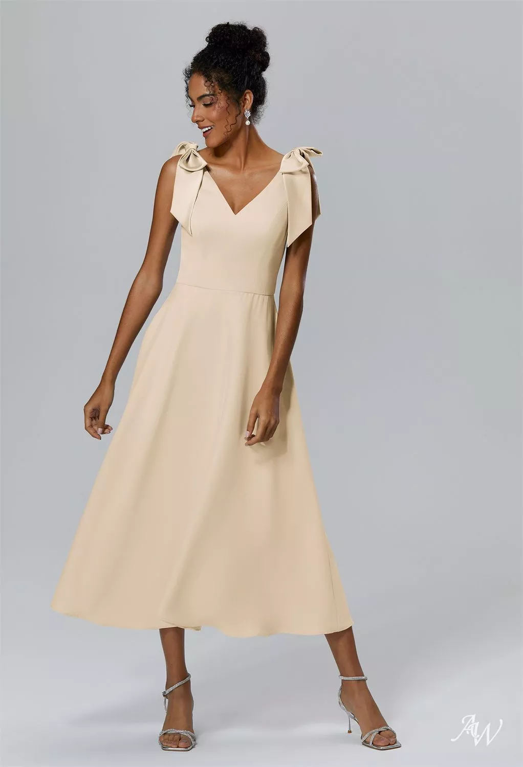 AW.Bridal A-line V-Neck Tea Length Sleeveless Satin Bows Short Bridesmaid Dresses Dress Champagne Size 18